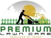 Official logo of Premium Lawn Care Services by Mark showing a man pushing a lawnmower with trees and a sunrise backdrop.